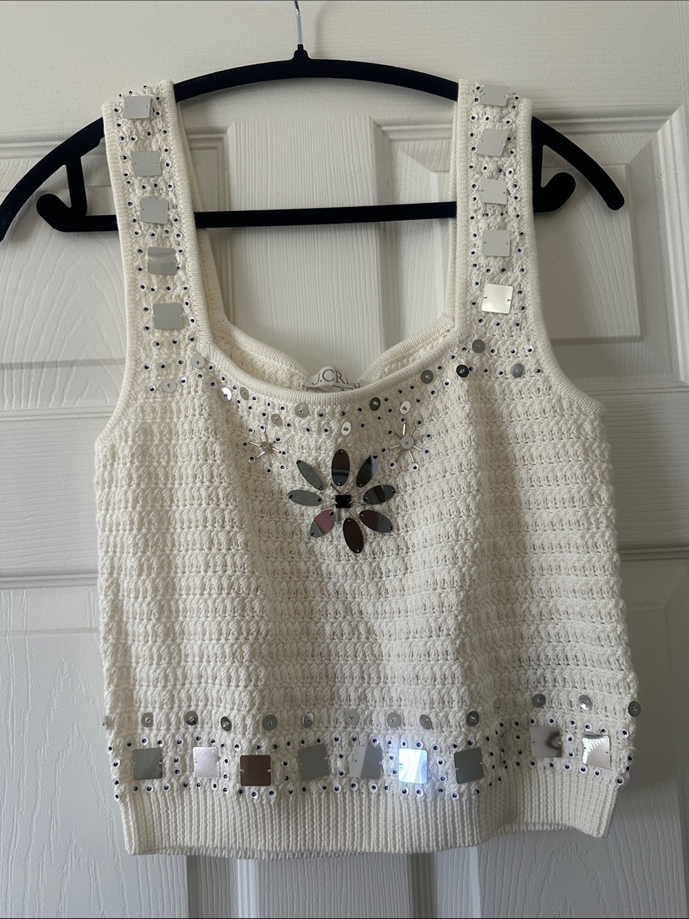 J. Crew Cream Crochet Tank with Mirror Flower Detail